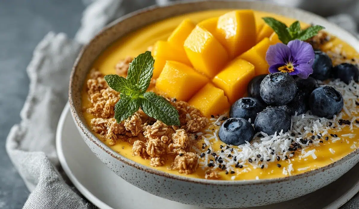 Thick mango smoothie bowl in a white bowl on a white plate; granola, coconut, chia, mango slices, blueberries, mint; gray kitchen countertop.