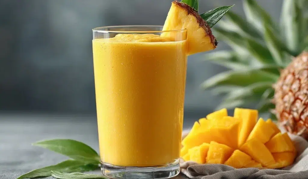 McDonald’s Mango Pineapple Smoothie Tall glass of creamy mango pineapple smoothie garnished with pineapple wedge on a gray kitchen countertop.