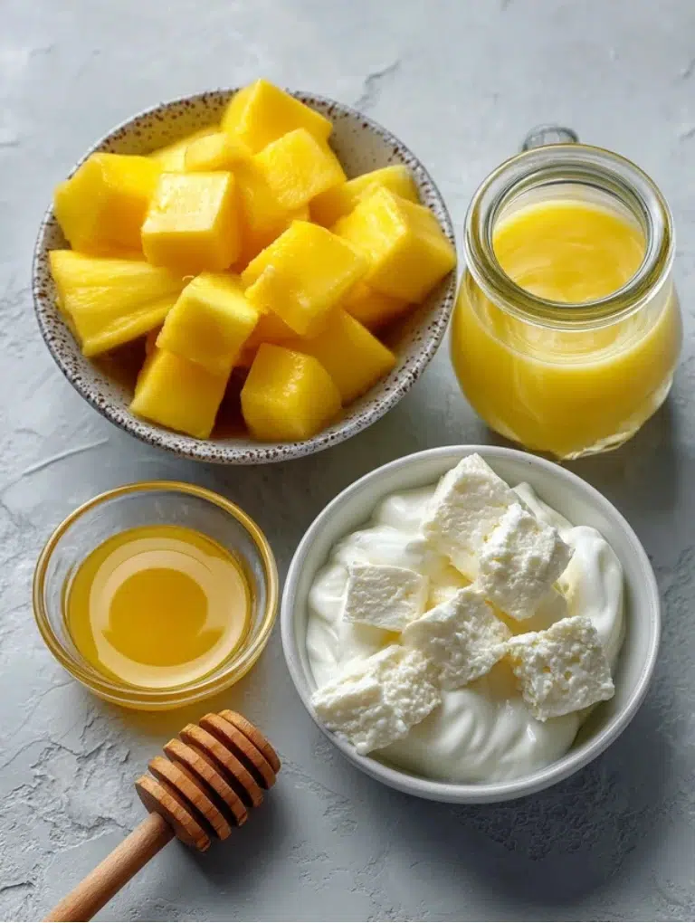 McDonalds Mango Pineapple Smoothie Top-down view of frozen mango, frozen pineapple, Greek yogurt, and juice on a gray countertop.