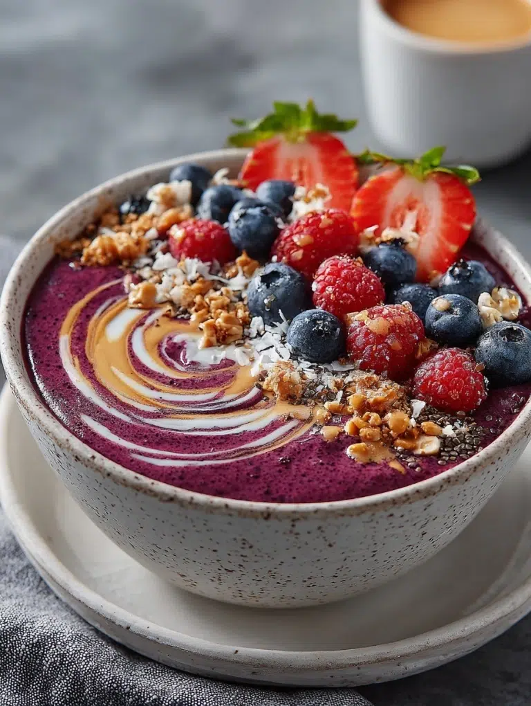 Thick mixed berry smoothie bowl in a white bowl on a gray countertop with granola, chia seeds, and coconut flakes