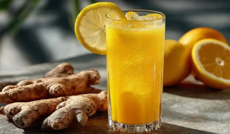 Natural Brazilian Mounjaro Recipe Tall glass of natural Brazilian Mounjaro drink with lemon slice, ginger, and apple cider vinegar on a gray countertop.