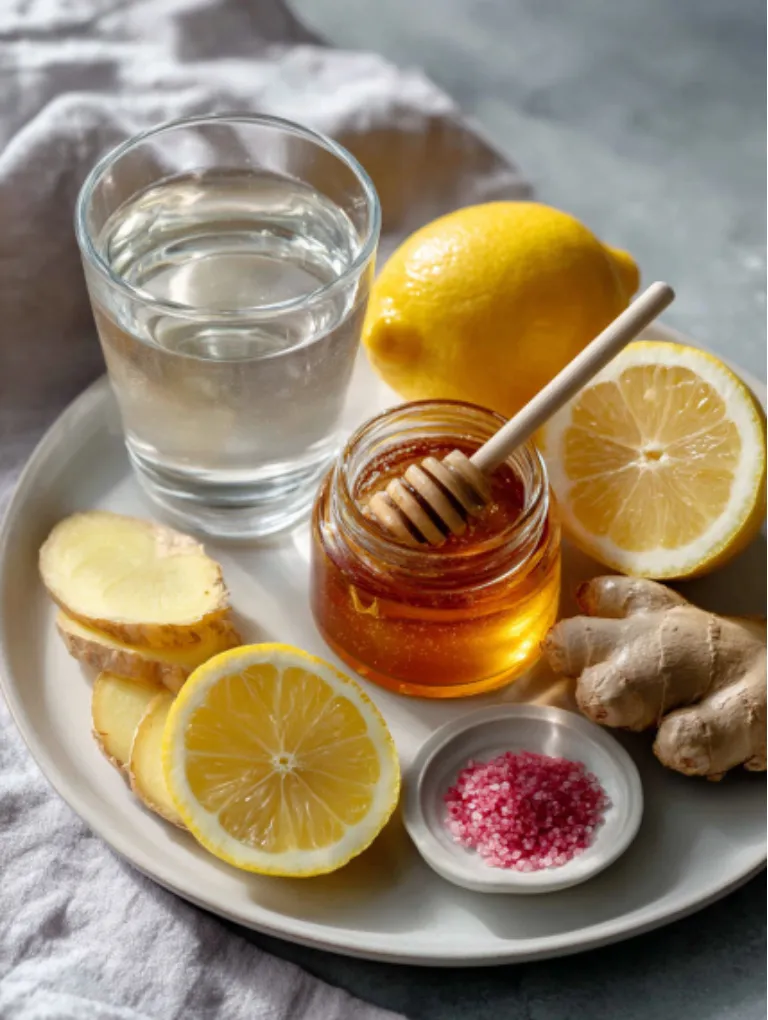 Natural Brazilian Mounjaro RecipeFlat lay of fresh lemon, ginger, raw honey, pink salt, and filtered water arranged neatly on a countertop.