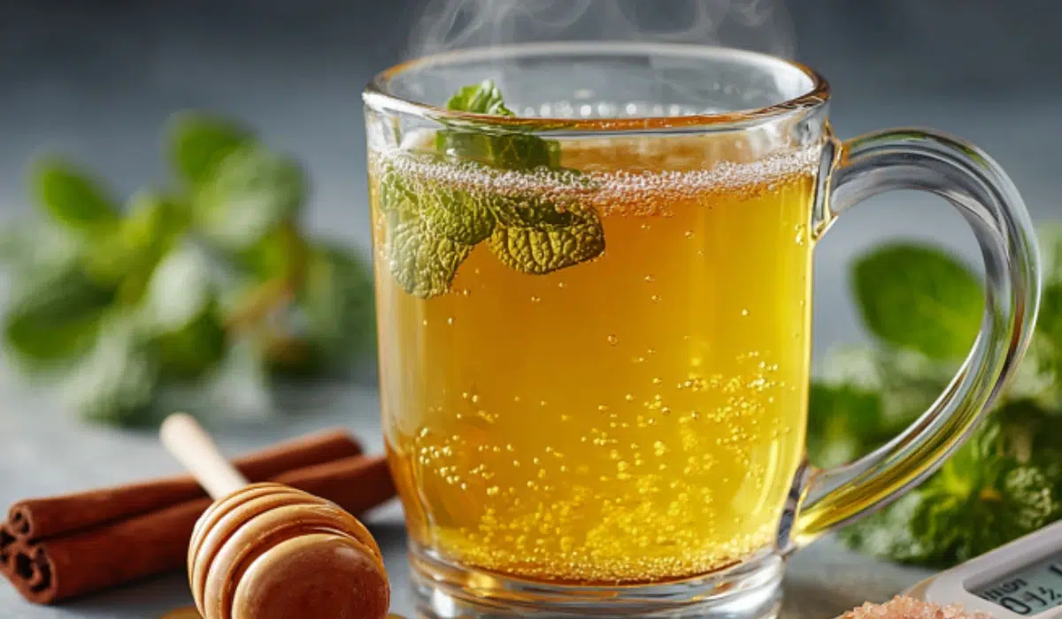 Natural Mounjaro Drink Weight Loss Glass mug of golden lemon-ginger Mounjaro drink next to a tall glass of purple butterfly pea tea, surrounded by fresh lemons, ginger, apple cider vinegar, honey, and pink salt on a gray kitchen countertop