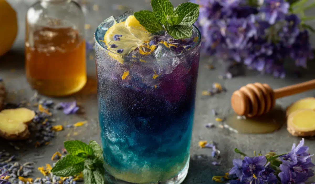 Natural Mounjaro Recipe For Weight Loss In 2025 Clear glass of Natural Mounjaro drink with blue-to-purple gradient, garnished with lemon wheel and mint, surrounded by fresh ginger slices, apple cider vinegar bottle, honey dipper, and butterfly pea flowers on a gray countertop.