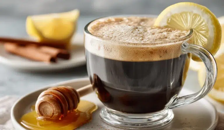 Natural Mounjaro Recipe With CoffeeGlass mug of steaming mounjaro coffee with lemon slice and cinnamon stick on a gray kitchen countertop.