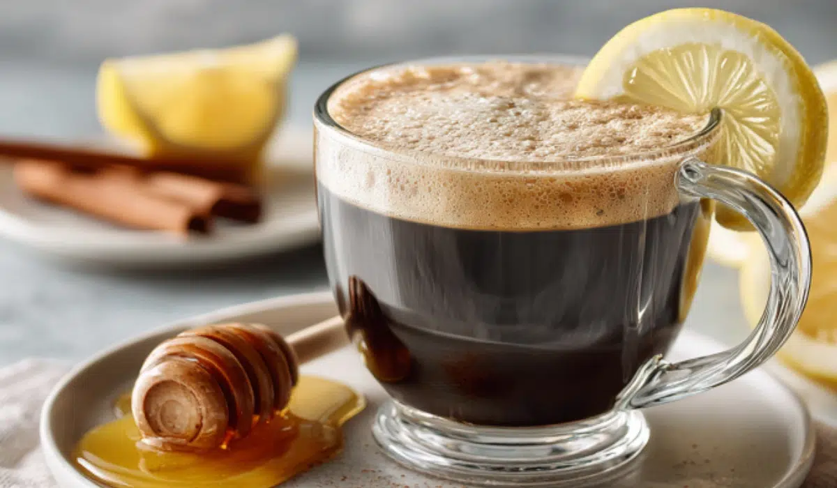 Natural Mounjaro Recipe With CoffeeGlass mug of steaming mounjaro coffee with lemon slice and cinnamon stick on a gray kitchen countertop.