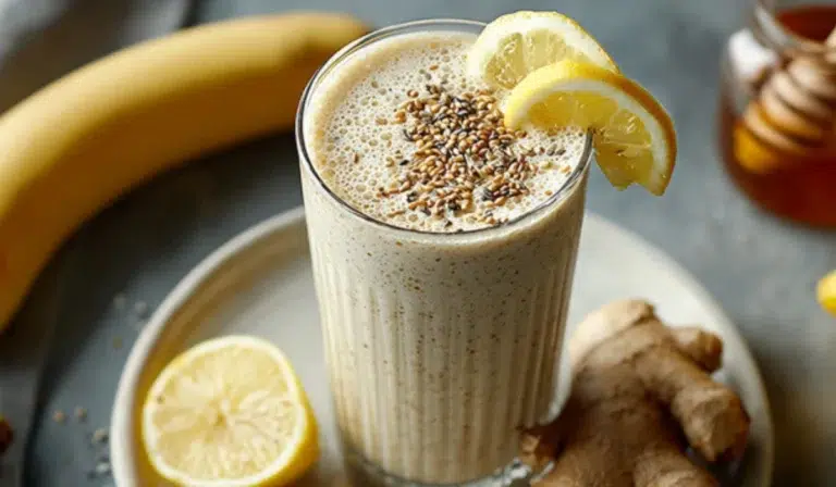 Natural Mounjaro Recipe with Banana Creamy banana lemon ginger smoothie in a tall glass with lemon slice and chia seeds on a white plate over a gray kitchen countertop.