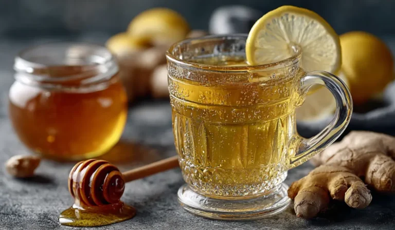 A glass mug of natural mounjaro drink with honey, garnished with a lemon slice and surrounded by ginger and a honey jar.