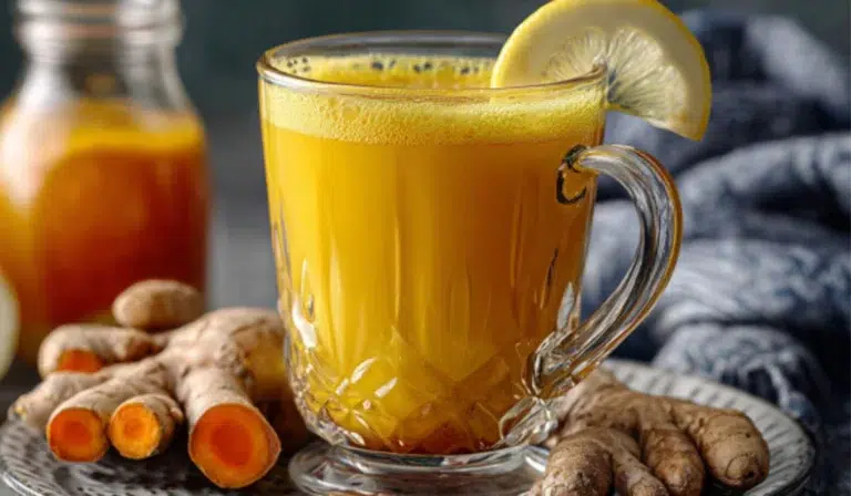 Natural Mounjaro Recipe with Turmeric Golden turmeric wellness drink in a clear glass mug with lemon and ginger on a gray countertop.