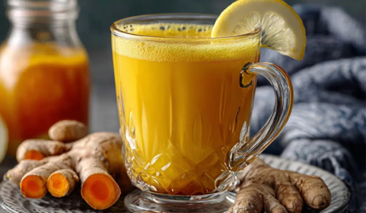 Natural Mounjaro Recipe with Turmeric Golden turmeric wellness drink in a clear glass mug with lemon and ginger on a gray countertop.