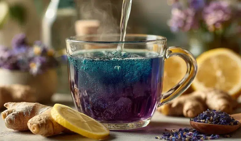Glass cup of steaming butterfly pea flower tea changing from deep blue to purple, surrounded by fresh ginger, lemon slices, and dried butterfly pea petals.