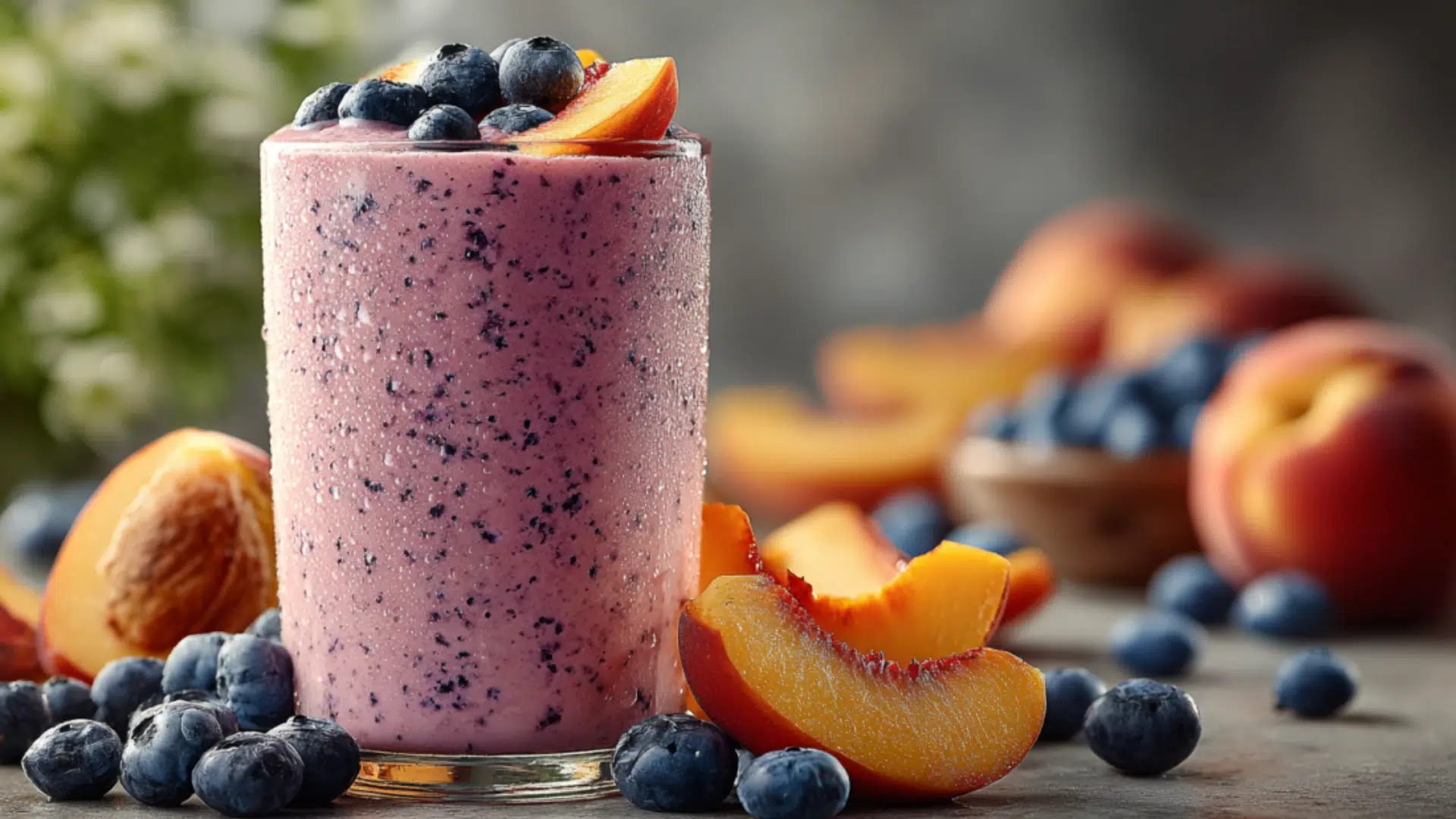 Refreshing peach blueberry smoothie in a clear glass topped with fresh blueberries and peach slices on a gray countertop.