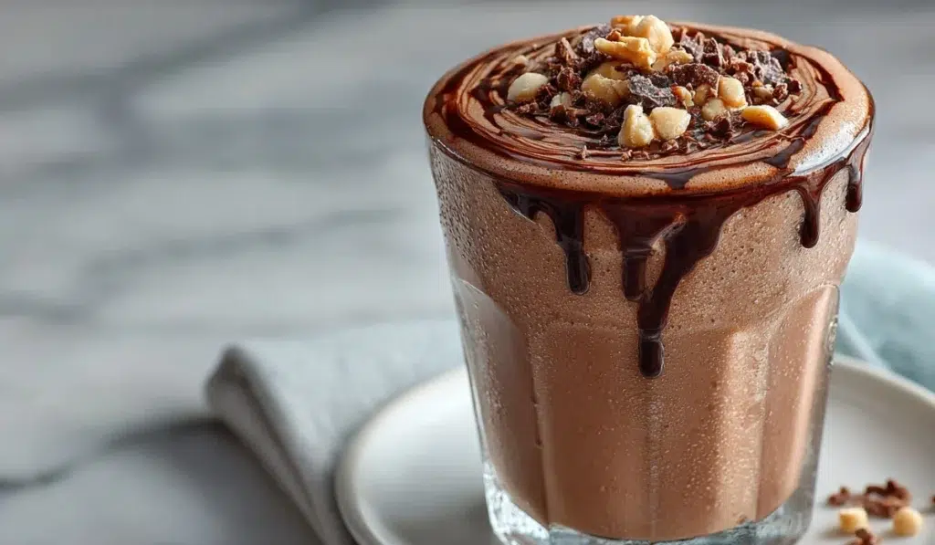 Peanut Butter Smoothie tall clear glass of chocolate peanut butter smoothie on a white plate over a smooth gray marble countertop, glossy swirl top with cocoa nibs and a light dark-chocolate drizzle, bright natural light