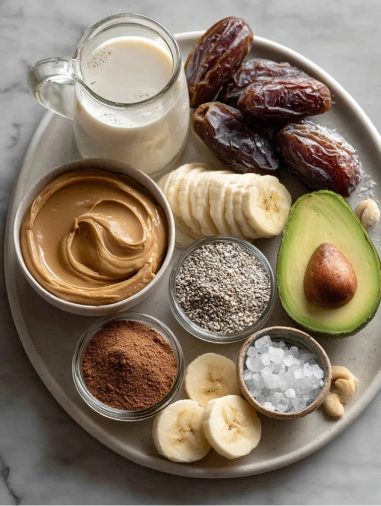 Peanut Butter Smoothie
overhead flatlay on a smooth gray marble countertop: white plate with ramekins of natural peanut butter, unsweetened cocoa powder, banana slices (and optional avocado), clear cup of almond or oat milk, ice cubes, pinch bowl of salt; boosters neatly arranged protein powder scoop, chia seeds, ground flaxseed, Medjool date, Greek yogurt