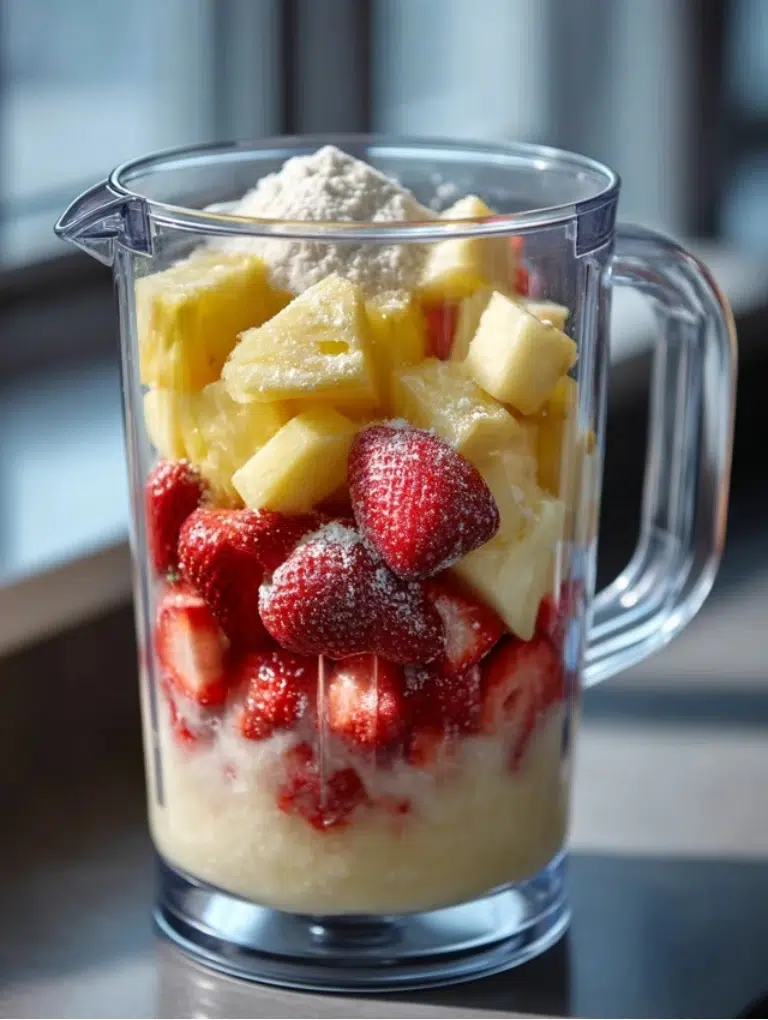 Blender filled with pineapple, strawberries, and protein powder blending into a creamy Pineapple Surf Smoothie.