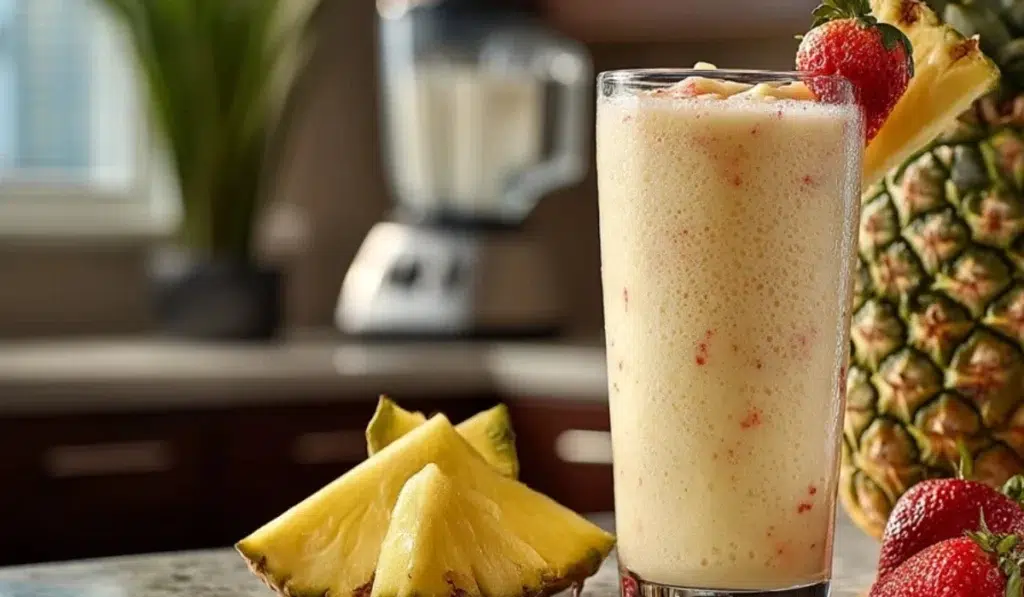 Tropical Pineapple Surf Smoothie King in a tall glass with pineapple and strawberries on a modern kitchen counter.