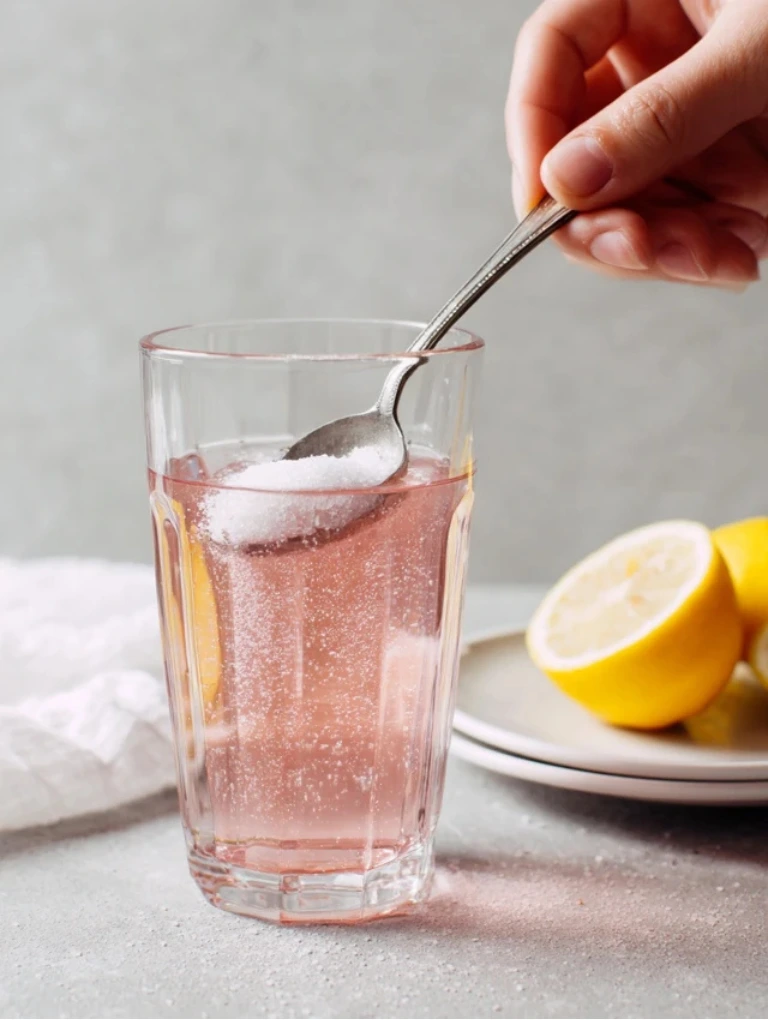 Close-up of raw apple cider vinegar being poured from a teaspoon into a clear glass of salted water on white marble; gentle ripples and tiny bubbles visible.