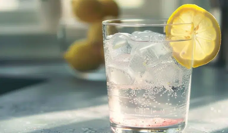 Refreshing Pink Salt Recipe with Baking Soda drink in a clear glass with lemon slice on a gray kitchen countertop.