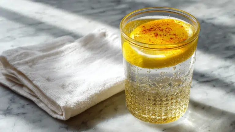 A glass of turmeric pink salt water with a lemon slice, on a gray countertop with a white napkin beside it.