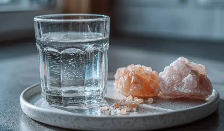 Pink Salt or Sea Salt for Weight LossOverhead macro of a 1/16 teaspoon pinch of salt on a white plate beside a clear water glass on a gray countertop, illustrating tiny-pinch hydration.