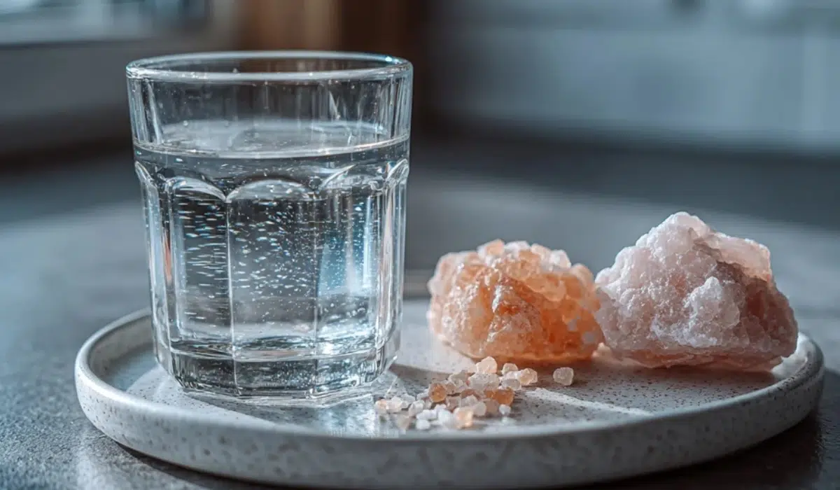 Pink Salt or Sea Salt for Weight LossOverhead macro of a 1/16 teaspoon pinch of salt on a white plate beside a clear water glass on a gray countertop, illustrating tiny-pinch hydration.