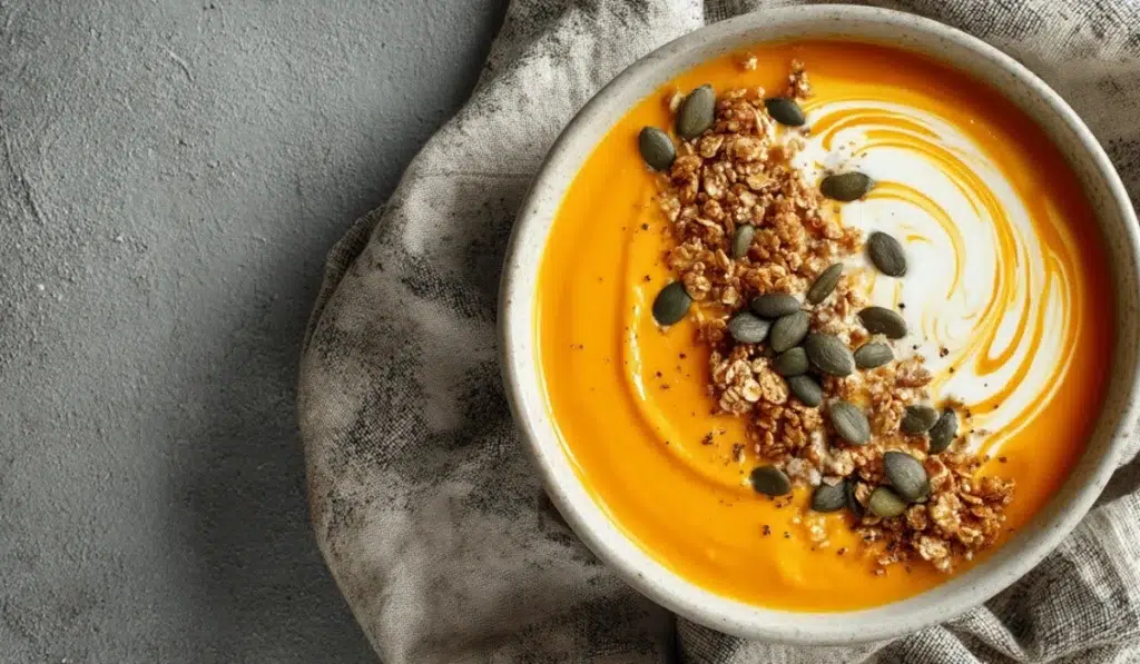 Pumpkin spice smoothie bowl topped with granola, pumpkin seeds, and whipped yogurt.