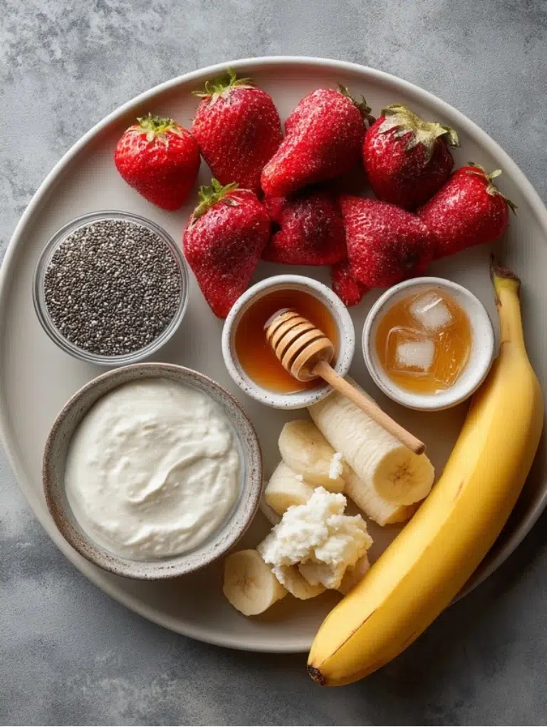 Flat lay of smoothie ingredients: frozen strawberries, banana, Greek yogurt, milk, honey, ice, and chia seeds on a gray countertop.