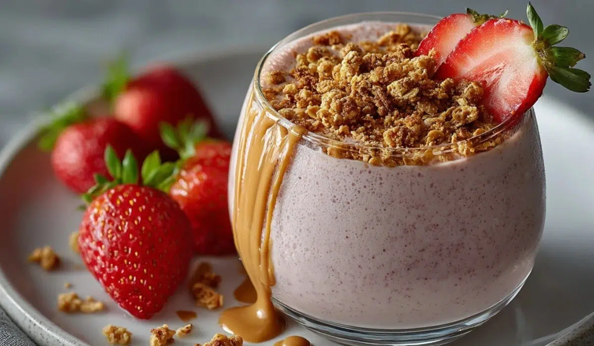Scooters Strawberry Smoothie RecipeCreamy strawberry smoothie in a tall clear glass with fresh strawberries on a white plate over a gray kitchen countertop.