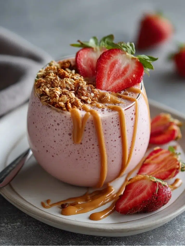 Strawberry smoothie topped with granola, strawberry slices, and nut butter drizzle on a white plate.