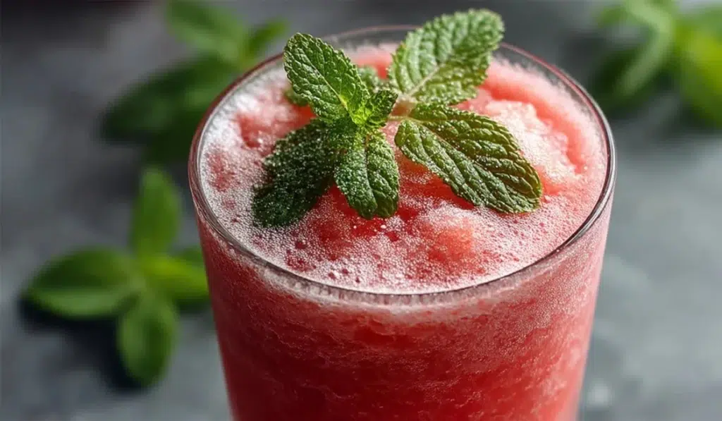 A frosty watermelon smoothie in a tall glass, garnished with fresh mint, with coconut water in the background on a gray kitchen countertop.