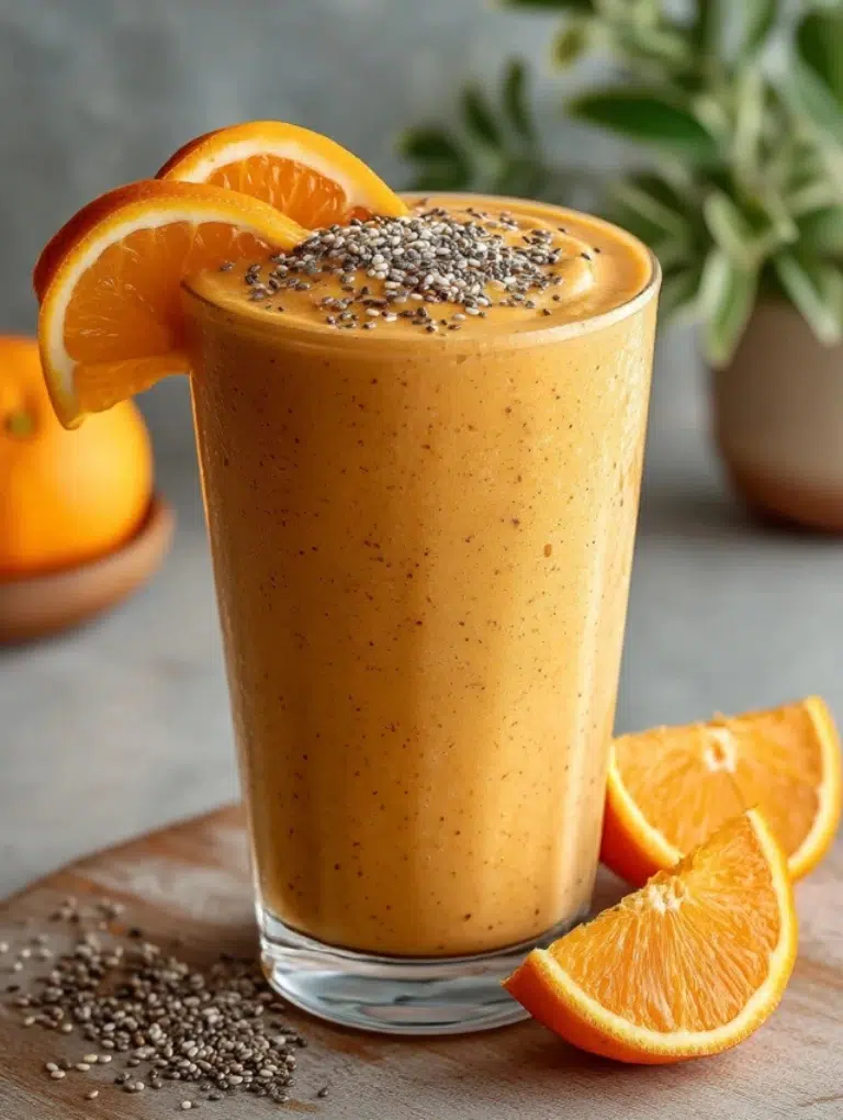 A tall glass of smoothie served with fresh orange slices and chia seeds, placed on a clean kitchen countertop