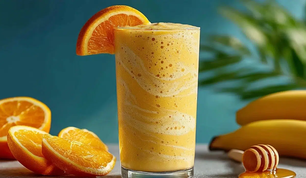 Smoothie King Immune Builder Orange A tall, refreshing smoothie with vibrant orange and creamy textures, garnished with orange slices and a honey drizzle, set against a backdrop of fresh fruit.