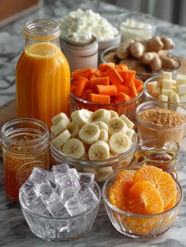 Fresh ingredients for the Immune Builder Orange smoothie: orange segments, bananas, yogurt, carrot juice, protein powder, honey, and ice cubes.