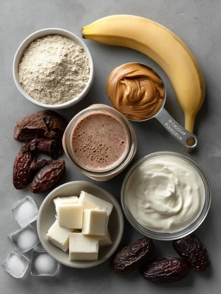 Flat lay of smoothie ingredients: frozen banana, peanut butter, chocolate milk, protein powder, Greek yogurt, ice, and a Medjool date on a gray kitchen countertop.
