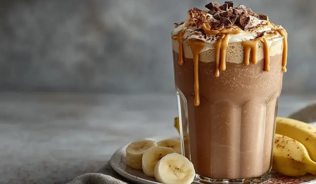 South Block Peanut Butter Blast SmoothieCreamy peanut butter banana chocolate smoothie in a tall glass on a white plate with a gray kitchen countertop background.