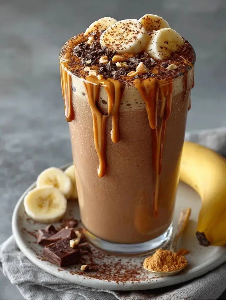 Smoothie bowl topped with banana slices, granola, chia seeds, and peanut butter drizzle on a white plate with a gray countertop background.