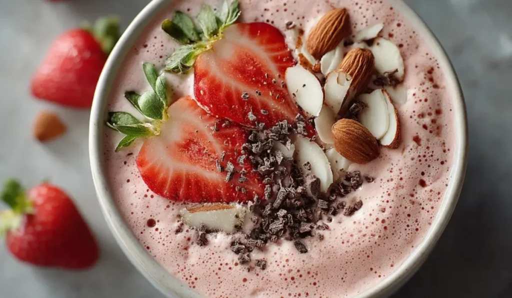 Pink strawberry banana smoothie bowl with sliced almonds, cacao nibs, and fresh strawberries.