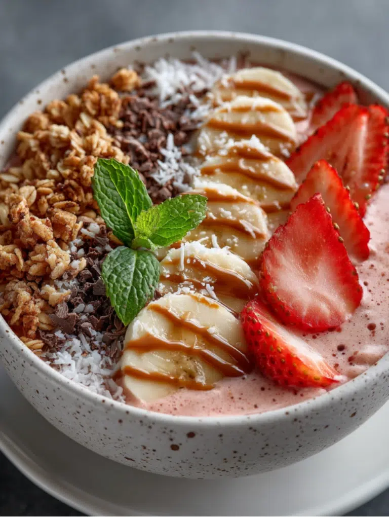 Close-up top view of strawberry-banana smoothie bowl with granola, coconut flakes, and mint.