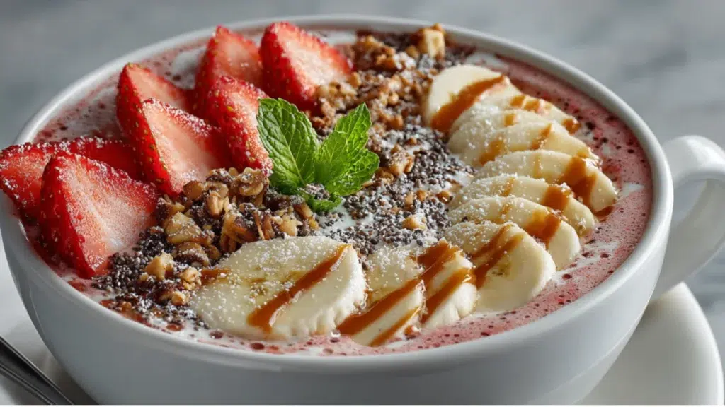 Strawberry-banana smoothie bowl topped with fresh strawberries, banana slices, granola, and a drizzle of nut butter.