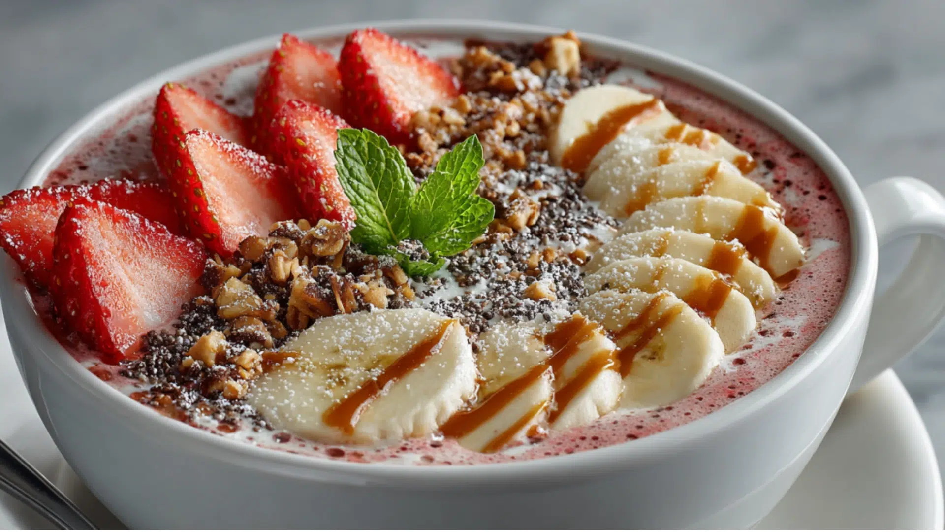 Thick strawberry-banana smoothie bowl with banana slices, strawberries, granola and peanut-butter drizzle.
