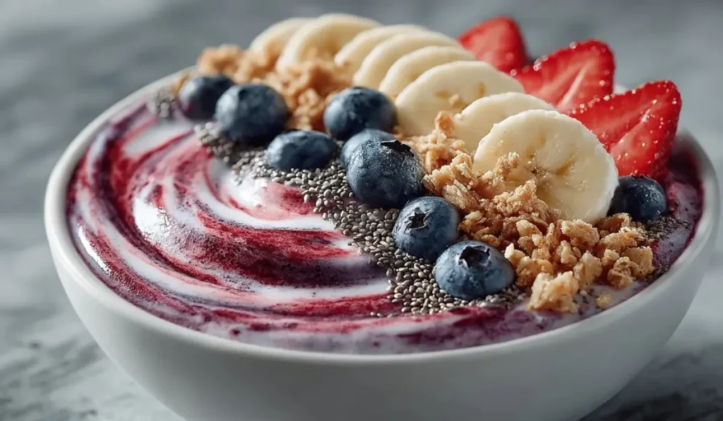 Super thick smoothie served in a white bowl, topped with granola, fresh banana, and mixed berries on a gray countertop.