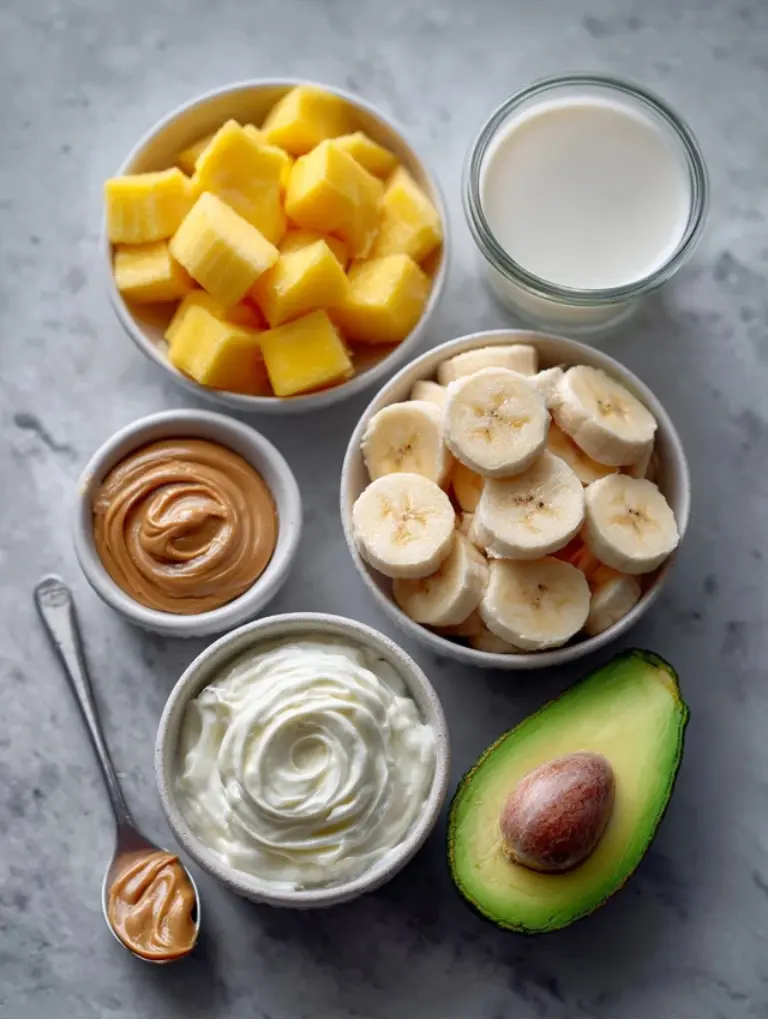 Flat lay of frozen banana and mango, a small measuring cup of milk, Greek yogurt, half an avocado, and peanut butter in white bowls on a gray marble countertop.
