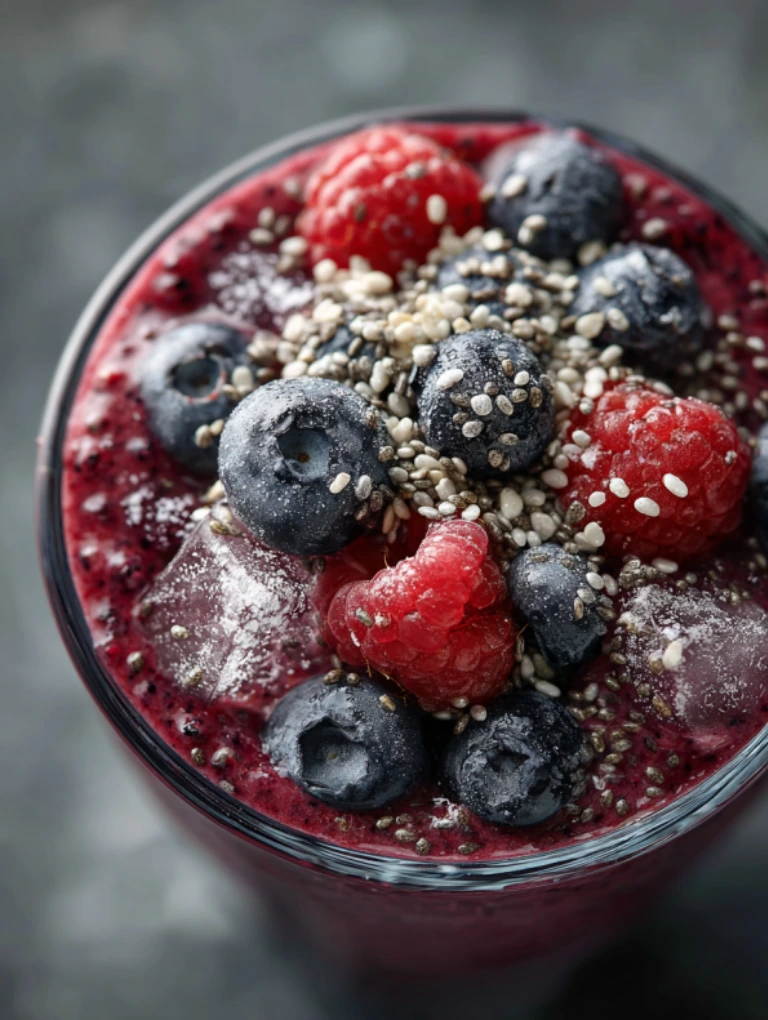 Overhead view of a berry oat smoothie topped with fresh blueberries, raspberries, chia seeds, and ice cubes.