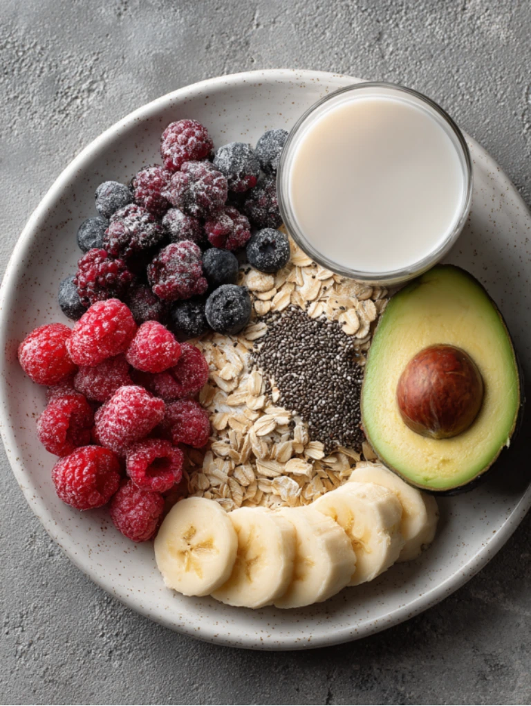Flat lay of frozen berries, rolled oats, banana slices, avocado, chia seeds, and a glass of almond milk on a white plate.