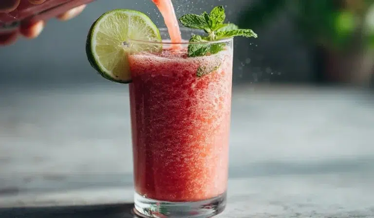 A tall glass of watermelon mojito tropical smoothie with mint and lime on a gray countertop, condensation on the glass, bright natural lighting.