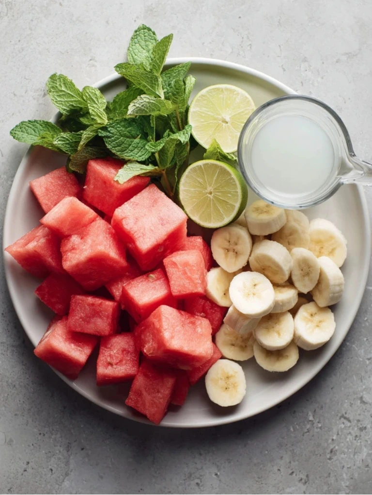 Fresh smoothie ingredients cubed watermelon, mint leaves, lime wedges, banana slices, and coconut water neatly arranged on a white plate over a gray countertop.