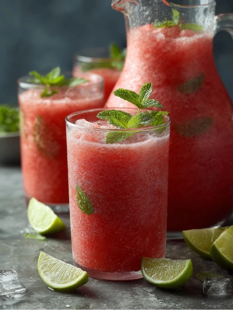 A frosty pitcher of frozen watermelon mojito slushie with lime slices and mint sprigs, surrounded by chilled glasses on a gray countertop.