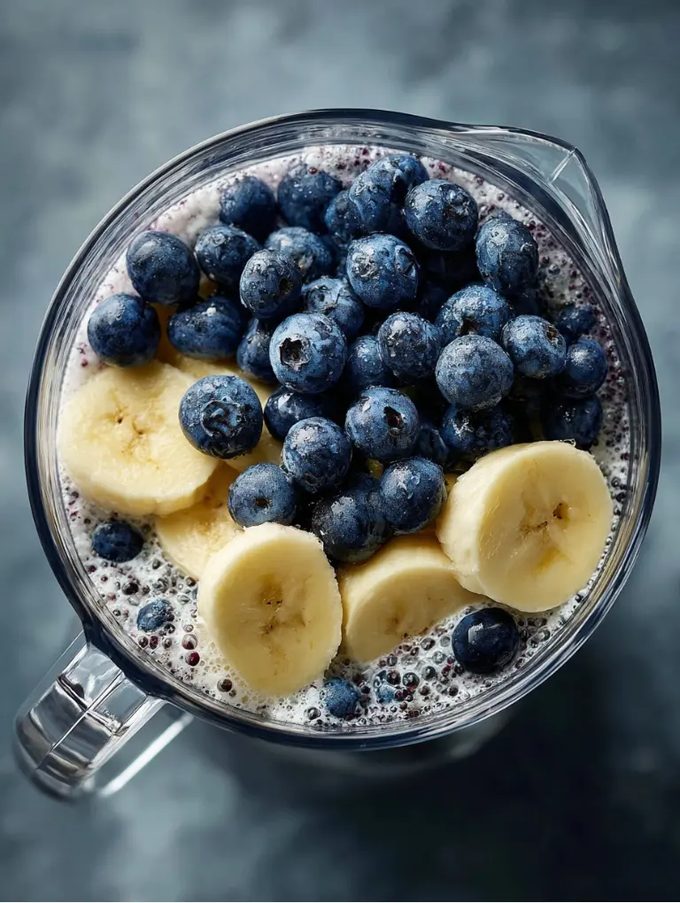 Blender jar with frozen blueberries, banana slices, and almond milk ready to blend on a gray countertop.