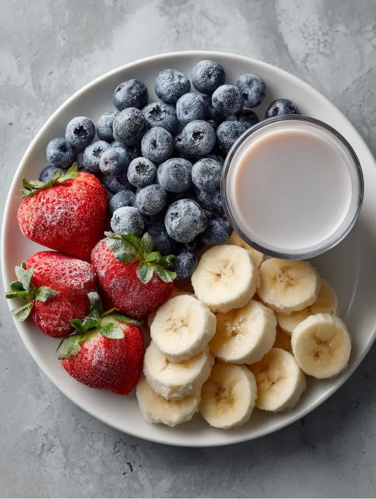 Frozen blueberries, banana slices, strawberries, and almond milk arranged neatly on a white plate, gray countertop background.