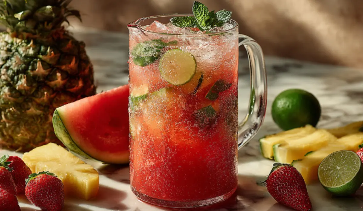 A tall glass pitcher of colorful agua fresca surrounded by fresh fruit and lime on a marble counter.